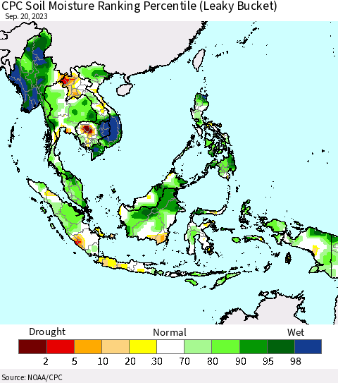 South East Asia CPC Soil Moisture Ranking Percentile (Leaky Bucket) Thematic Map For 9/16/2023 - 9/20/2023