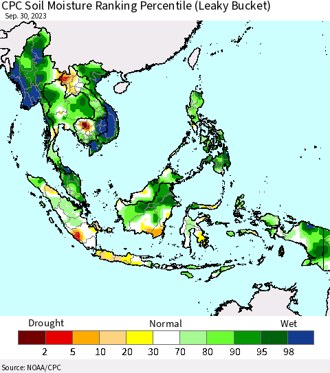 South East Asia CPC Soil Moisture Ranking Percentile (Leaky Bucket) Thematic Map For 9/26/2023 - 9/30/2023
