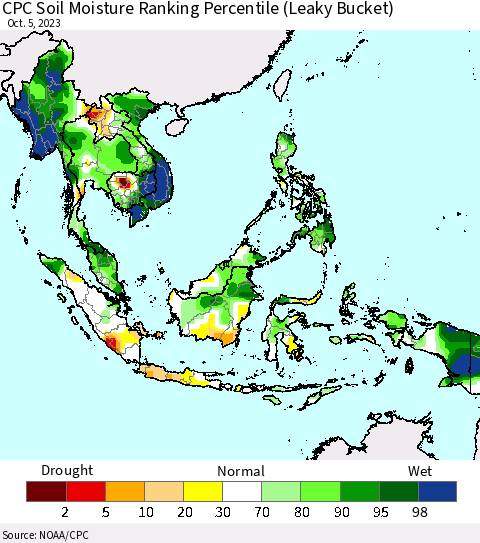 South East Asia CPC Soil Moisture Ranking Percentile (Leaky Bucket) Thematic Map For 10/1/2023 - 10/5/2023