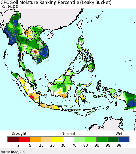 South East Asia CPC Soil Moisture Ranking Percentile (Leaky Bucket) Thematic Map For 10/6/2023 - 10/10/2023