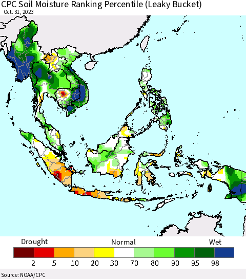 South East Asia CPC Soil Moisture Ranking Percentile (Leaky Bucket) Thematic Map For 10/26/2023 - 10/31/2023