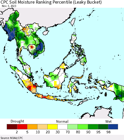 South East Asia CPC Soil Moisture Ranking Percentile (Leaky Bucket) Thematic Map For 11/1/2023 - 11/5/2023