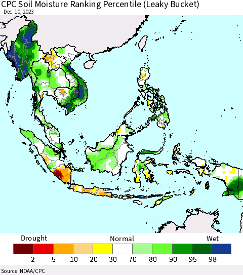 South East Asia CPC Soil Moisture Ranking Percentile (Leaky Bucket) Thematic Map For 12/6/2023 - 12/10/2023