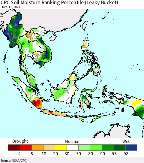 South East Asia CPC Soil Moisture Ranking Percentile (Leaky Bucket) Thematic Map For 12/11/2023 - 12/15/2023