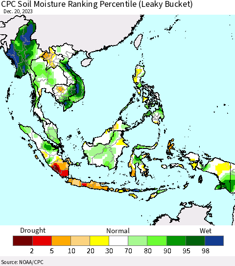 South East Asia CPC Soil Moisture Ranking Percentile (Leaky Bucket) Thematic Map For 12/16/2023 - 12/20/2023