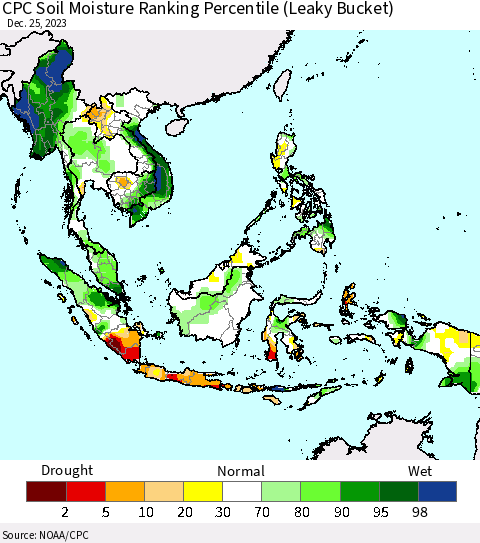 South East Asia CPC Soil Moisture Ranking Percentile (Leaky Bucket) Thematic Map For 12/21/2023 - 12/25/2023
