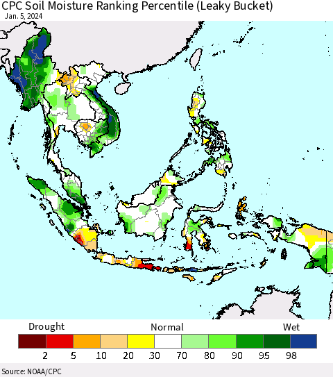 South East Asia CPC Soil Moisture Ranking Percentile (Leaky Bucket) Thematic Map For 1/1/2024 - 1/5/2024
