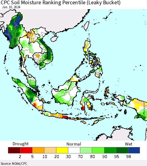South East Asia CPC Soil Moisture Ranking Percentile (Leaky Bucket) Thematic Map For 1/6/2024 - 1/10/2024