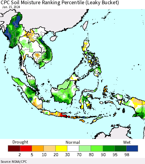 South East Asia CPC Soil Moisture Ranking Percentile (Leaky Bucket) Thematic Map For 1/11/2024 - 1/15/2024