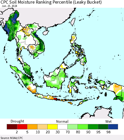 South East Asia CPC Soil Moisture Ranking Percentile (Leaky Bucket) Thematic Map For 1/21/2024 - 1/25/2024
