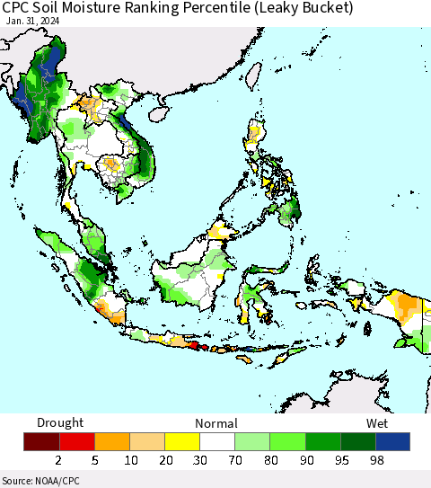 South East Asia CPC Soil Moisture Ranking Percentile (Leaky Bucket) Thematic Map For 1/26/2024 - 1/31/2024