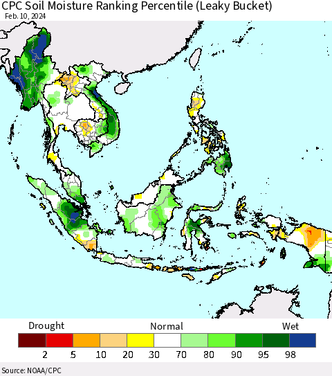 South East Asia CPC Soil Moisture Ranking Percentile (Leaky Bucket) Thematic Map For 2/6/2024 - 2/10/2024