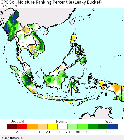 South East Asia CPC Soil Moisture Ranking Percentile (Leaky Bucket) Thematic Map For 2/11/2024 - 2/15/2024