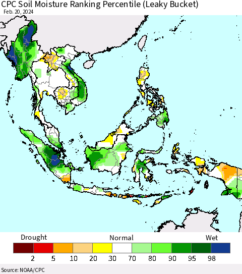 South East Asia CPC Soil Moisture Ranking Percentile (Leaky Bucket) Thematic Map For 2/16/2024 - 2/20/2024