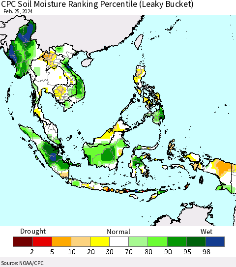 South East Asia CPC Soil Moisture Ranking Percentile (Leaky Bucket) Thematic Map For 2/21/2024 - 2/25/2024