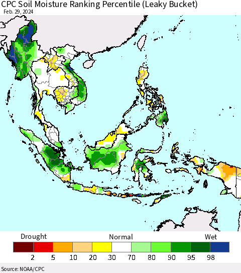 South East Asia CPC Soil Moisture Ranking Percentile (Leaky Bucket) Thematic Map For 2/26/2024 - 2/29/2024