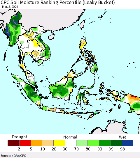 South East Asia CPC Soil Moisture Ranking Percentile (Leaky Bucket) Thematic Map For 3/1/2024 - 3/5/2024