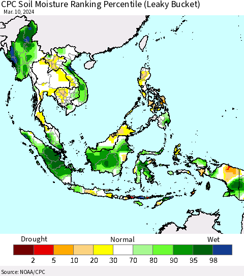 South East Asia CPC Soil Moisture Ranking Percentile (Leaky Bucket) Thematic Map For 3/6/2024 - 3/10/2024