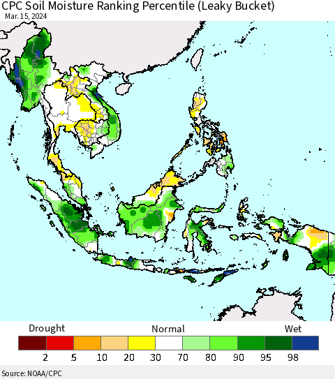 South East Asia CPC Soil Moisture Ranking Percentile (Leaky Bucket) Thematic Map For 3/11/2024 - 3/15/2024