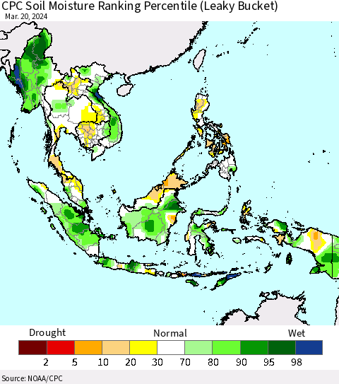 South East Asia CPC Soil Moisture Ranking Percentile (Leaky Bucket) Thematic Map For 3/16/2024 - 3/20/2024