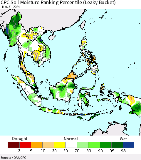 South East Asia CPC Soil Moisture Ranking Percentile (Leaky Bucket) Thematic Map For 3/26/2024 - 3/31/2024