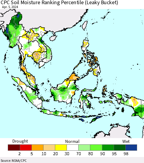 South East Asia CPC Soil Moisture Ranking Percentile (Leaky Bucket) Thematic Map For 4/1/2024 - 4/5/2024