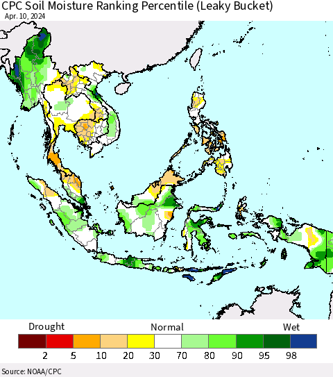 South East Asia CPC Soil Moisture Ranking Percentile (Leaky Bucket) Thematic Map For 4/6/2024 - 4/10/2024