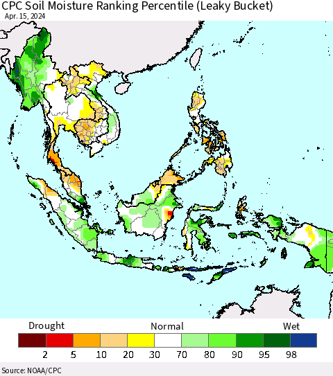 South East Asia CPC Soil Moisture Ranking Percentile (Leaky Bucket) Thematic Map For 4/11/2024 - 4/15/2024