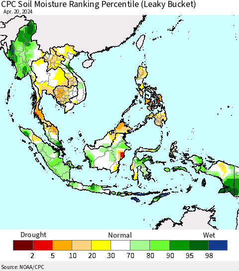 South East Asia CPC Soil Moisture Ranking Percentile (Leaky Bucket) Thematic Map For 4/16/2024 - 4/20/2024