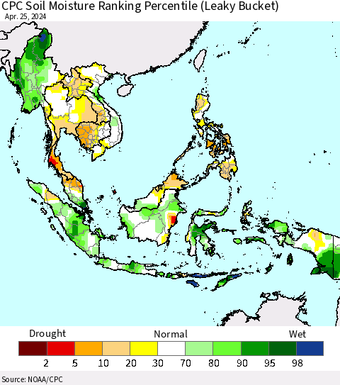 South East Asia CPC Soil Moisture Ranking Percentile (Leaky Bucket) Thematic Map For 4/21/2024 - 4/25/2024