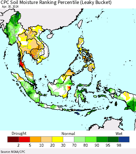 South East Asia CPC Soil Moisture Ranking Percentile (Leaky Bucket) Thematic Map For 4/26/2024 - 4/30/2024