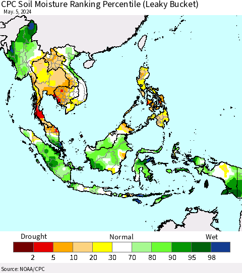 South East Asia CPC Soil Moisture Ranking Percentile (Leaky Bucket) Thematic Map For 5/1/2024 - 5/5/2024