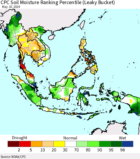 South East Asia CPC Soil Moisture Ranking Percentile (Leaky Bucket) Thematic Map For 5/6/2024 - 5/10/2024