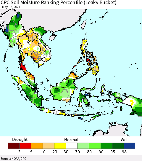South East Asia CPC Soil Moisture Ranking Percentile (Leaky Bucket) Thematic Map For 5/11/2024 - 5/15/2024