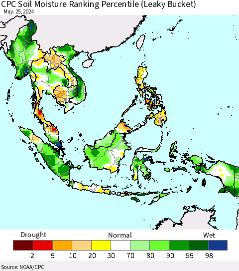 South East Asia CPC Soil Moisture Ranking Percentile (Leaky Bucket) Thematic Map For 5/21/2024 - 5/25/2024