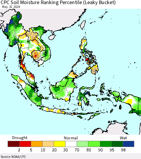 South East Asia CPC Soil Moisture Ranking Percentile (Leaky Bucket) Thematic Map For 5/26/2024 - 5/31/2024