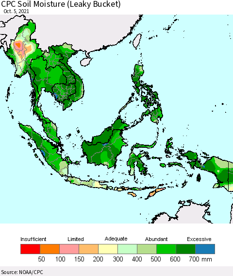South East Asia CPC Soil Moisture (Leaky Bucket) Thematic Map For 10/1/2021 - 10/5/2021