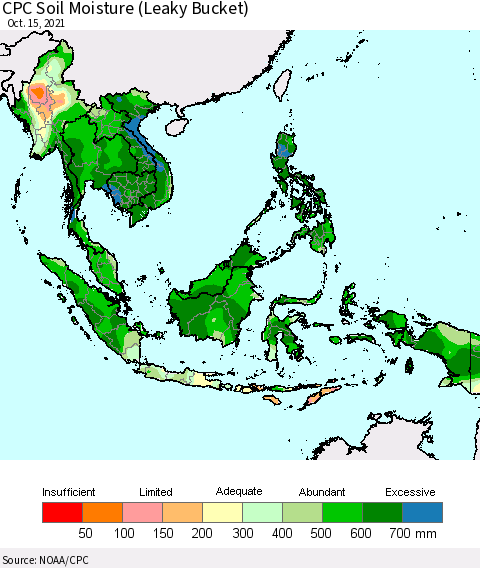 South East Asia CPC Soil Moisture (Leaky Bucket) Thematic Map For 10/11/2021 - 10/15/2021