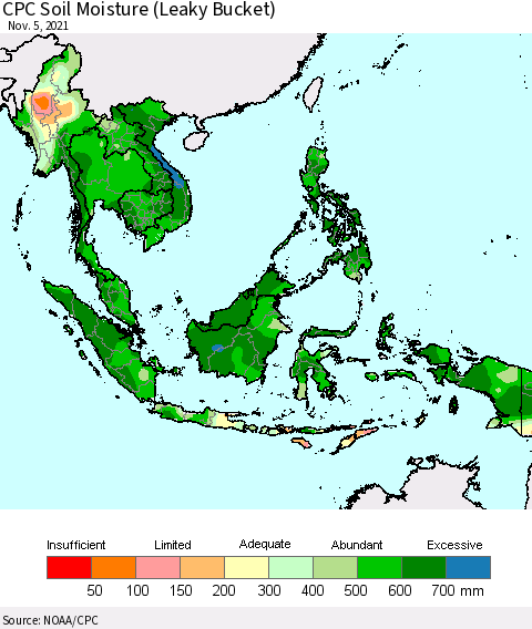 South East Asia CPC Soil Moisture (Leaky Bucket) Thematic Map For 11/1/2021 - 11/5/2021