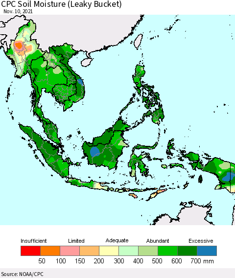 South East Asia CPC Soil Moisture (Leaky Bucket) Thematic Map For 11/6/2021 - 11/10/2021