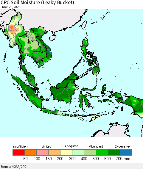 South East Asia CPC Soil Moisture (Leaky Bucket) Thematic Map For 11/16/2021 - 11/20/2021