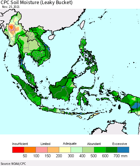 South East Asia CPC Soil Moisture (Leaky Bucket) Thematic Map For 11/21/2021 - 11/25/2021