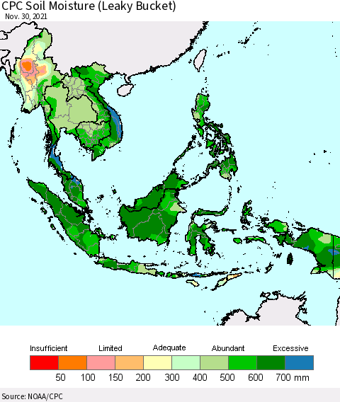 South East Asia CPC Soil Moisture (Leaky Bucket) Thematic Map For 11/26/2021 - 11/30/2021