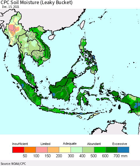 South East Asia CPC Soil Moisture (Leaky Bucket) Thematic Map For 12/11/2021 - 12/15/2021