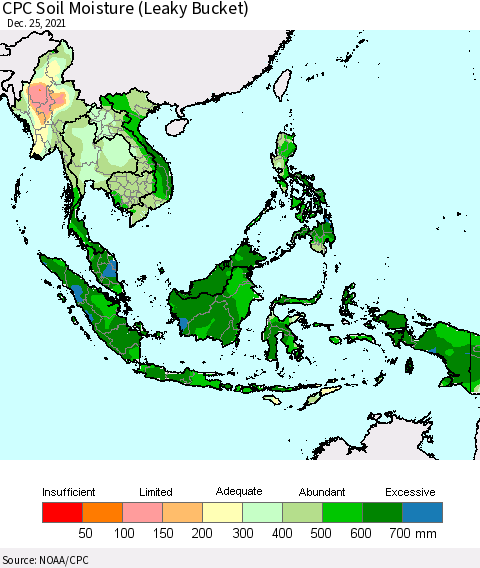South East Asia CPC Soil Moisture (Leaky Bucket) Thematic Map For 12/21/2021 - 12/25/2021