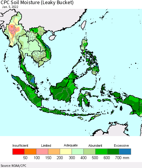 South East Asia CPC Soil Moisture (Leaky Bucket) Thematic Map For 1/1/2022 - 1/5/2022