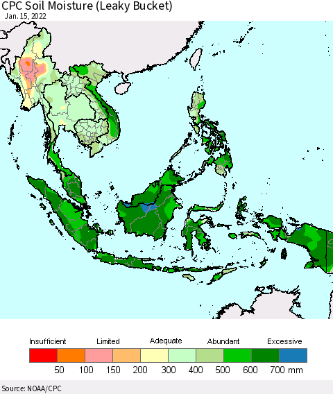 South East Asia CPC Soil Moisture (Leaky Bucket) Thematic Map For 1/11/2022 - 1/15/2022