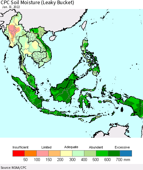 South East Asia CPC Soil Moisture (Leaky Bucket) Thematic Map For 1/26/2022 - 1/31/2022