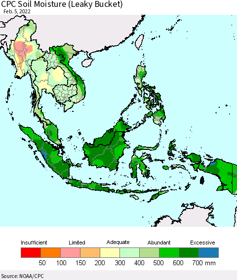 South East Asia CPC Soil Moisture (Leaky Bucket) Thematic Map For 2/1/2022 - 2/5/2022