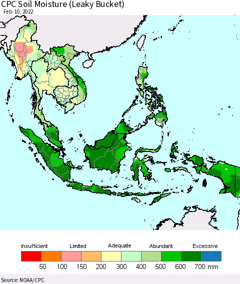 South East Asia CPC Soil Moisture (Leaky Bucket) Thematic Map For 2/6/2022 - 2/10/2022